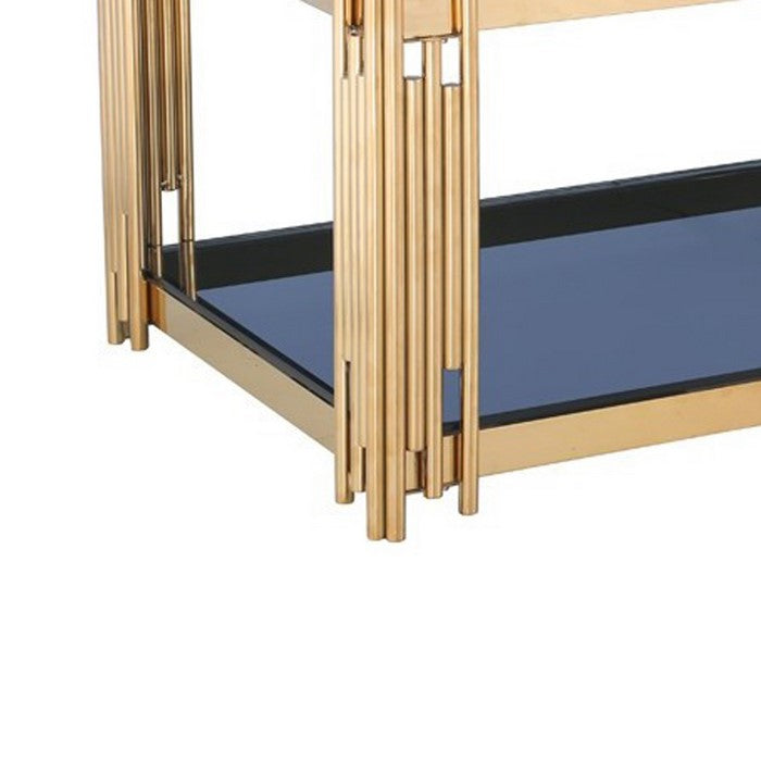 Rectangular Coffee Table with Glass Top and Bottom, Blue and Gold - BM219317