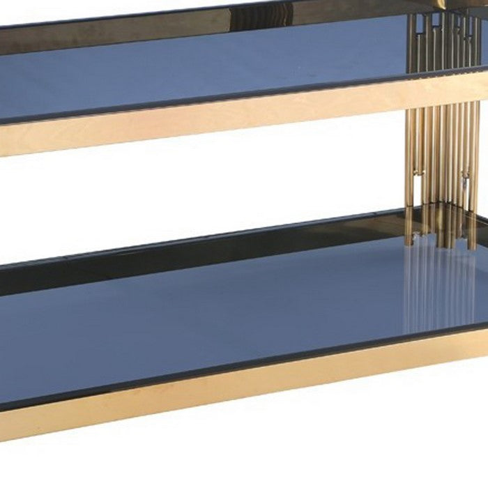 Rectangular Coffee Table with Glass Top and Bottom, Blue and Gold - BM219317