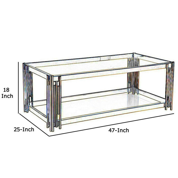 Rectangular Coffee Table with Glass Top and Bottom, Blue and Gold - BM219317
