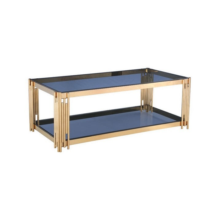 Rectangular Coffee Table with Glass Top and Bottom, Blue and Gold - BM219317