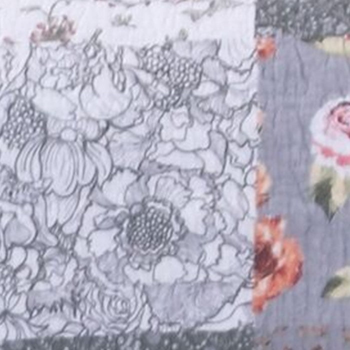 Fabric Reversible Pillow Sham with Floral Print and Scalloped Ends, Gray