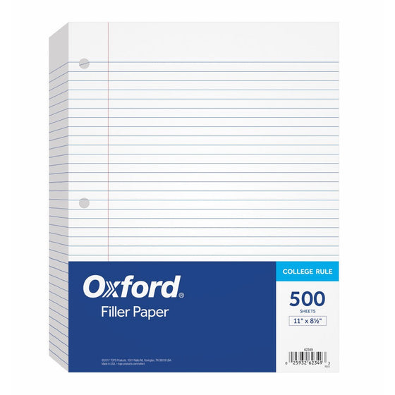 Oxford Filler Paper, 8-1/2" x 11", College Rule, 3-Hole Punched, Loose-Leaf Paper for 3-Ring Binders, 500 Sheets Per Pack (62349)