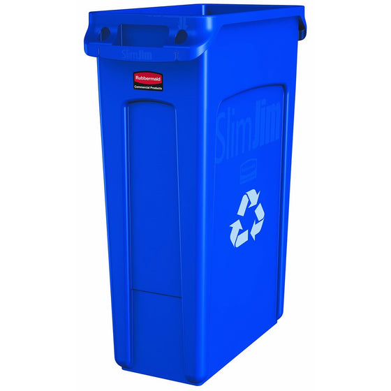 Rubbermaid Commercial Products Slim Jim Recycling Container with Venting Channels, Plastic, 23 Gallons, Blue with Recycling Logo (FG354007BLUE)