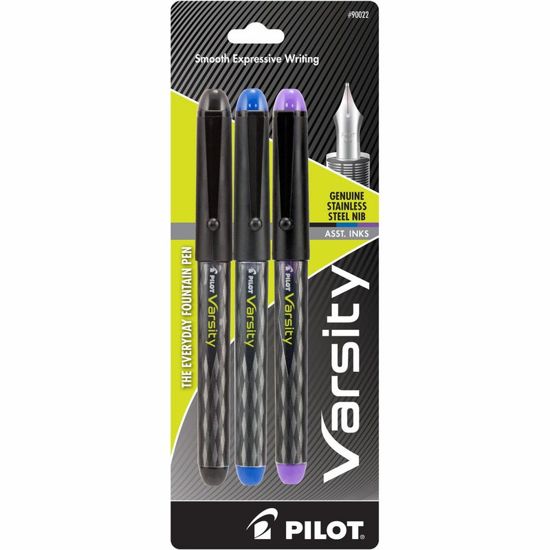 Pilot Varsity Disposable Fountain Pens, 3-Pack, Black/Blue/Purple Inks (90022)