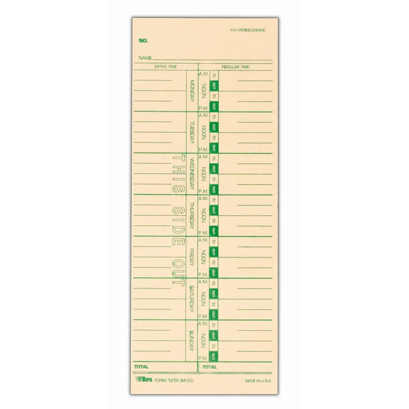 TOPS Time Cards, Weekly, 1-Sided, Replaces M-33, 10-800292, 3-1/2" x 9", Manila, Green Print, 500-Count (1259)