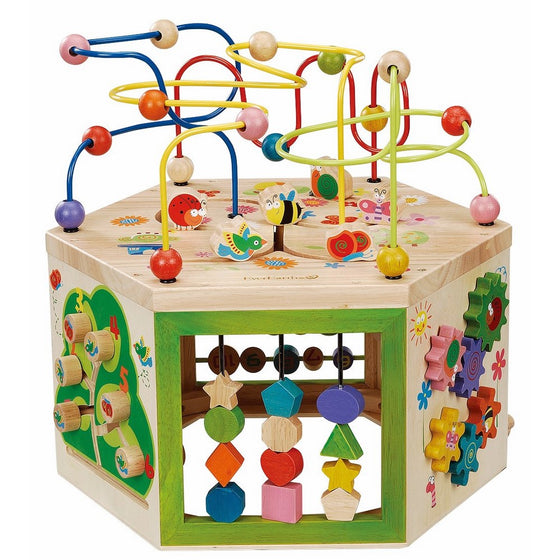 EverEarth Garden Activity Cube. Wood Shape & Color Sorter, Bead Maze & Counting Baby Toy