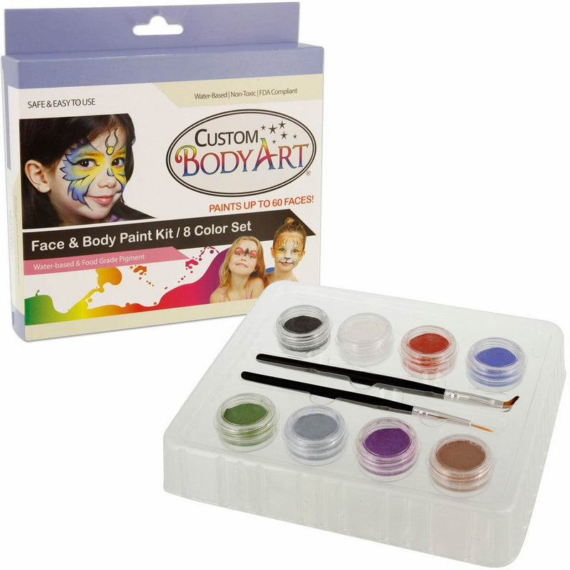 Kustom Body Art Boys Face Paint Set 8 Color Boxed Set, 3 ml, 2 Makeup Brushes