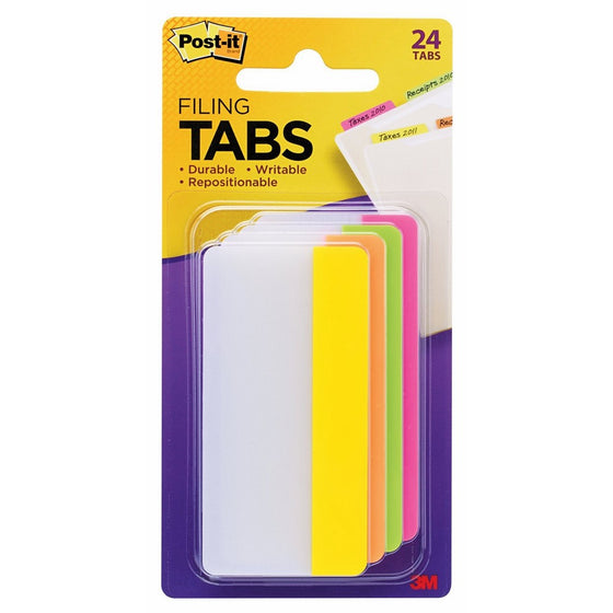 Post-it Tabs, 3 in, Solid, Assorted Bright Colors, Durable, Writable, Repositionable, Sticks Securely, Removes Cleanly, 6 Tabs/Color, 4 Colors, 24 Tabs/Pack, (686-PLOY3IN)