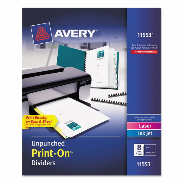 Avery Unpunched Print-On Dividers, White, 8 Tabs, 5 Sets (11553)