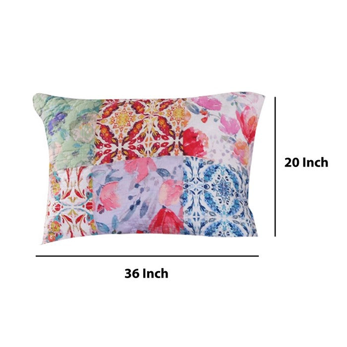 Hand Painted Fabric King Size Pillow Sham with Floral Tile Art, Multicolor
