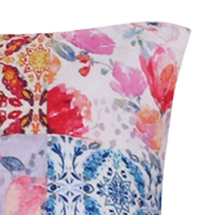 Hand Painted Fabric Pillow Sham with Floral Tile Art, Multicolor