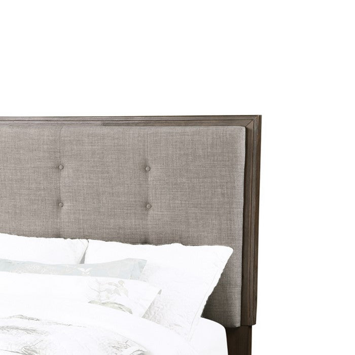 Wooden Headboard with Button Tufting and Padding, Gray and Brown