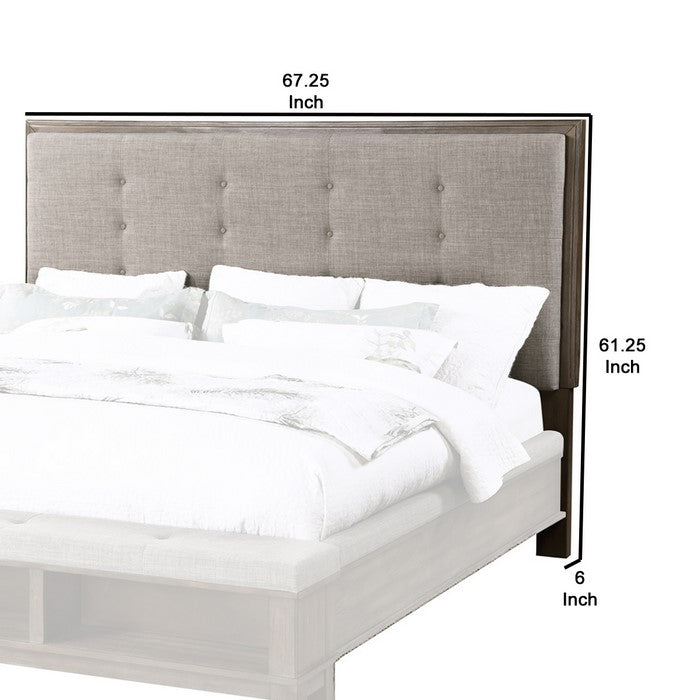 Wooden Headboard with Button Tufting and Padding, Gray and Brown
