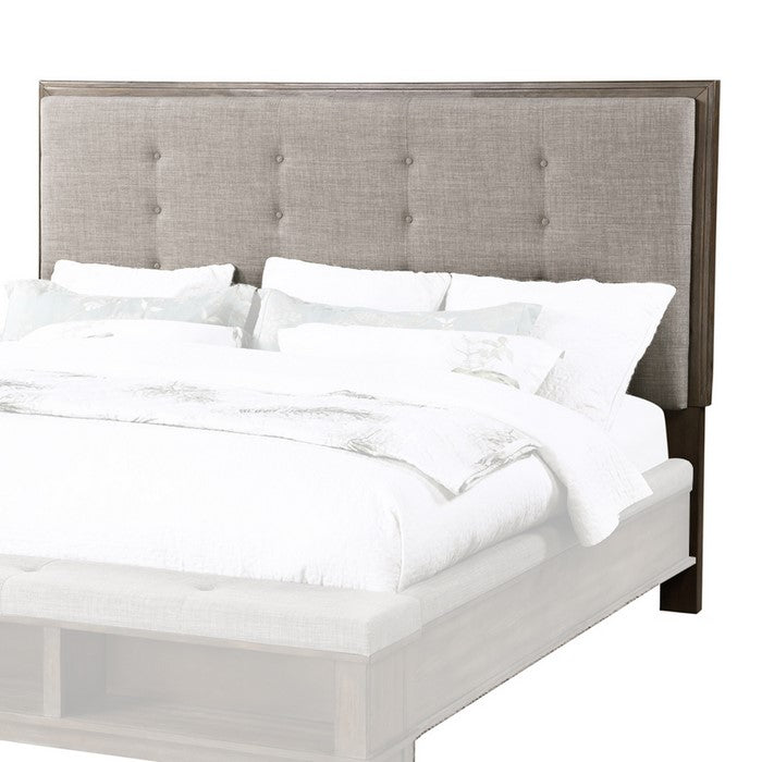 Wooden Headboard with Button Tufting and Padding, Gray and Brown