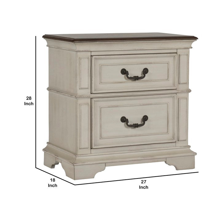Two Drawer Wooden Nightstand with Bracket Legs, White and Brown