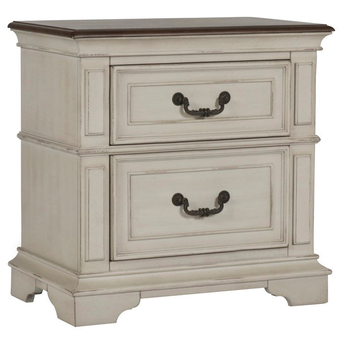 Two Drawer Wooden Nightstand with Bracket Legs, White and Brown