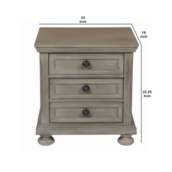 Wooden Nightstand with Metal Knobs and Natural Grain Texture, Beige