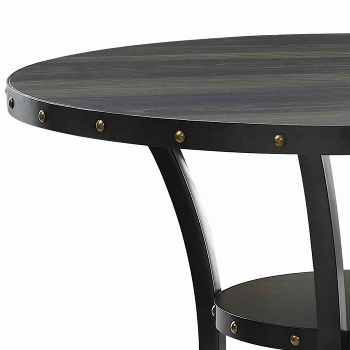 Wooden Round Counter Table with Open Shelf and Nailhead Studs, Black