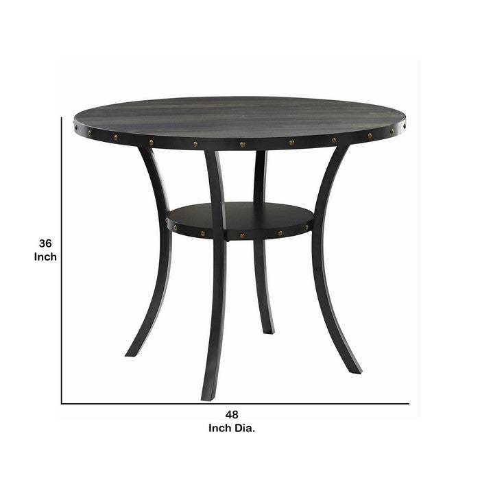 Wooden Round Counter Table with Open Shelf and Nailhead Studs, Black
