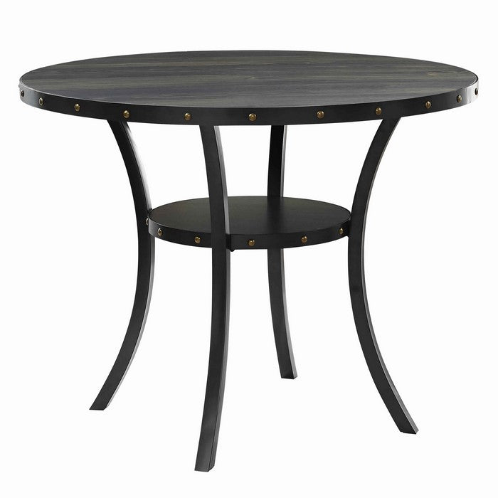 Wooden Round Counter Table with Open Shelf and Nailhead Studs, Black