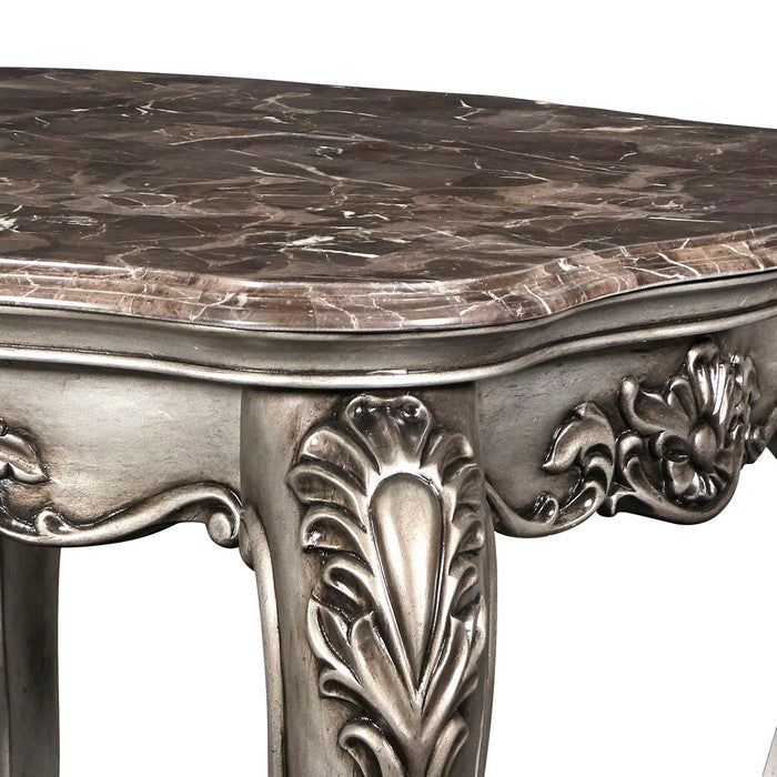Traditional Wooden End Table with Marble Top and Floral Engravings, Silver