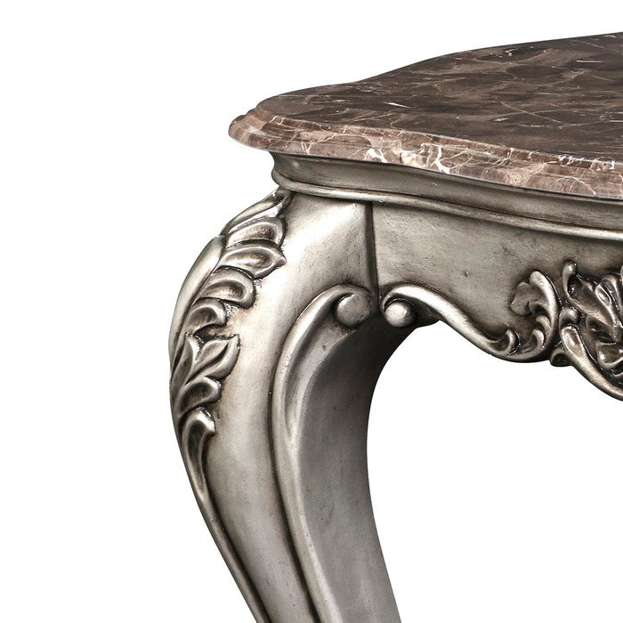 Traditional Wooden End Table with Marble Top and Floral Engravings, Silver