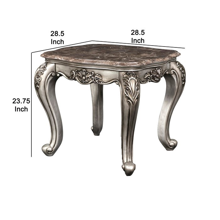 Traditional Wooden End Table with Marble Top and Floral Engravings, Silver