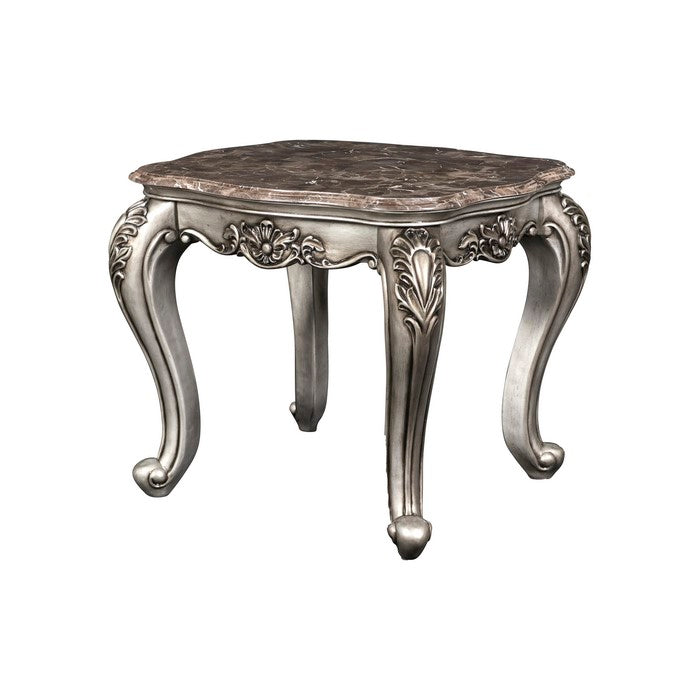 Traditional Wooden End Table with Marble Top and Floral Engravings, Silver