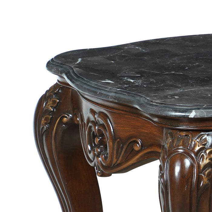 Wooden End Table with Marble Top and Floral Engravings, Brown and Black