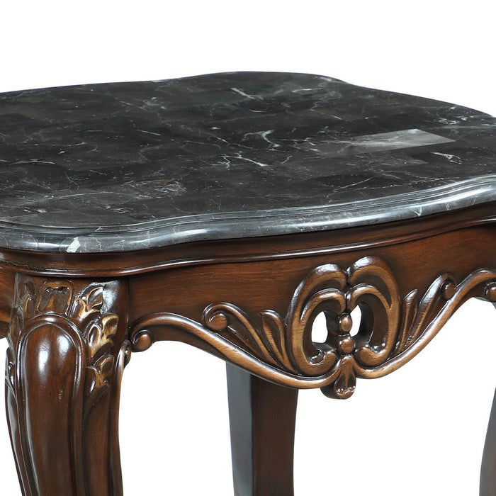Wooden End Table with Marble Top and Floral Engravings, Brown and Black