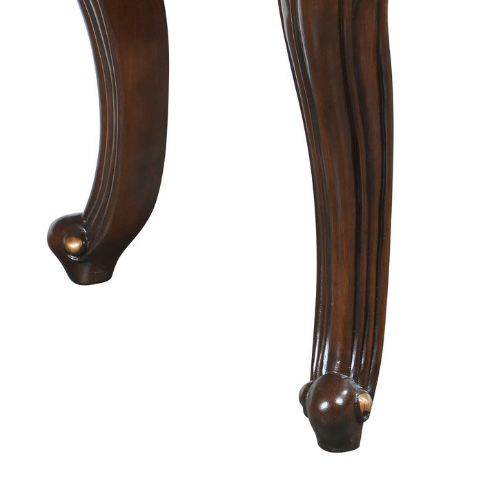Wooden End Table with Marble Top and Floral Engravings, Brown and Black