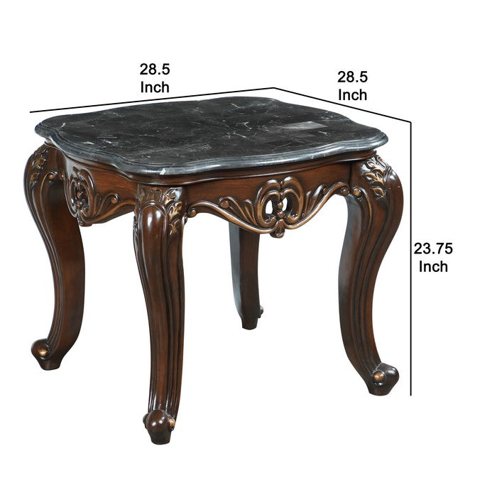 Wooden End Table with Marble Top and Floral Engravings, Brown and Black