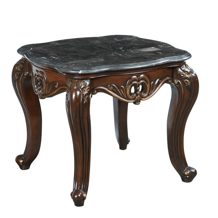 Wooden End Table with Marble Top and Floral Engravings, Brown and Black