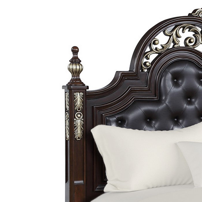 Leatherette and Wood Queen Headboard with Carving and Mirror Inlay, Brown