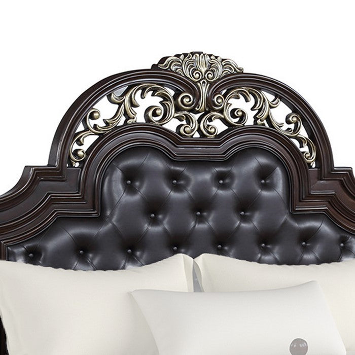 Leatherette and Wood Queen Headboard with Carving and Mirror Inlay, Brown