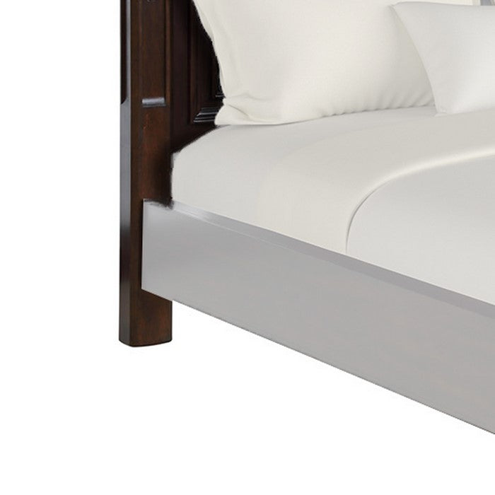 Leatherette and Wood Queen Headboard with Carving and Mirror Inlay, Brown