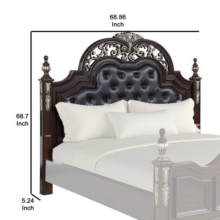 Leatherette and Wood Queen Headboard with Carving and Mirror Inlay, Brown