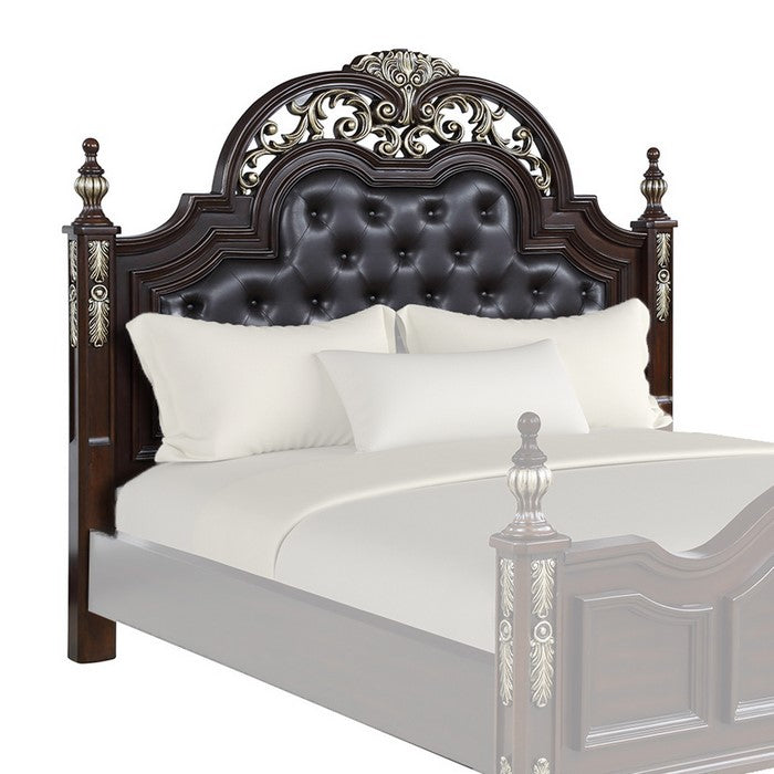 Leatherette and Wood Queen Headboard with Carving and Mirror Inlay, Brown