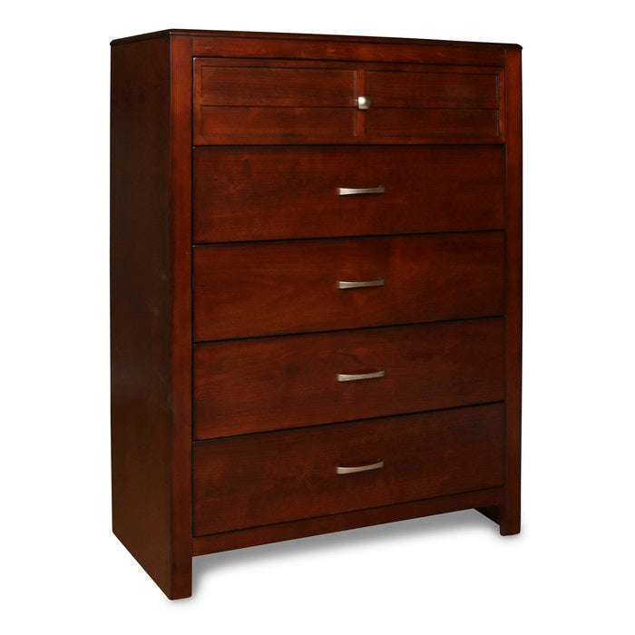 Transitional Style 5 Drawer Wood Chest with Bar Handles, Cherry Brown