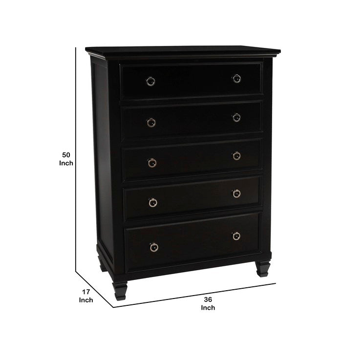 Transitional 5 Drawer  Wooden Chest with Molded Top and Ring Pulls, Black