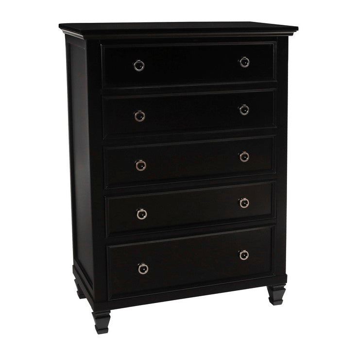 Transitional 5 Drawer  Wooden Chest with Molded Top and Ring Pulls, Black