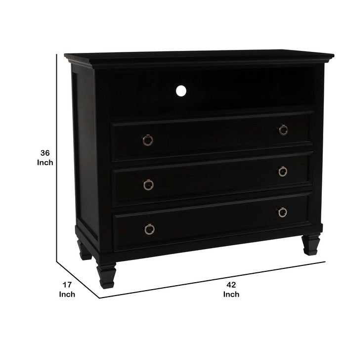 Transitional Style 3 Drawer Wood Media Chest with Open Compartment, Black