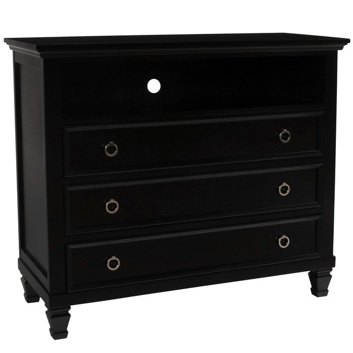 Transitional Style 3 Drawer Wood Media Chest with Open Compartment, Black