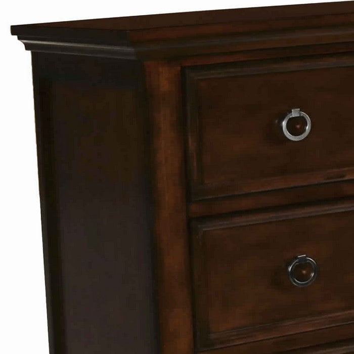 Transitional 5 Drawer Wooden Chest with Molded Top and Ring Pulls, Brown