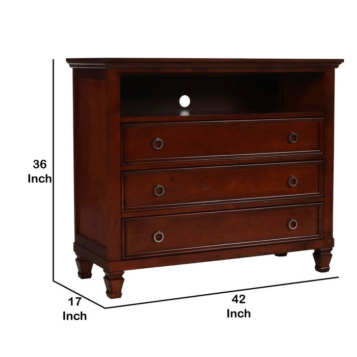 Transitional Style 3 Drawer Wood Media Chest with Open Compartment, Brown