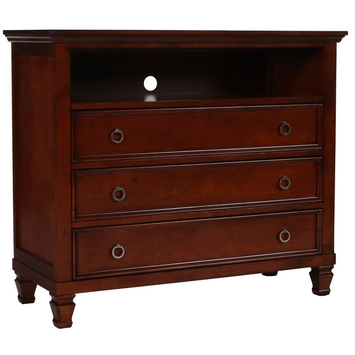 Transitional Style 3 Drawer Wood Media Chest with Open Compartment, Brown