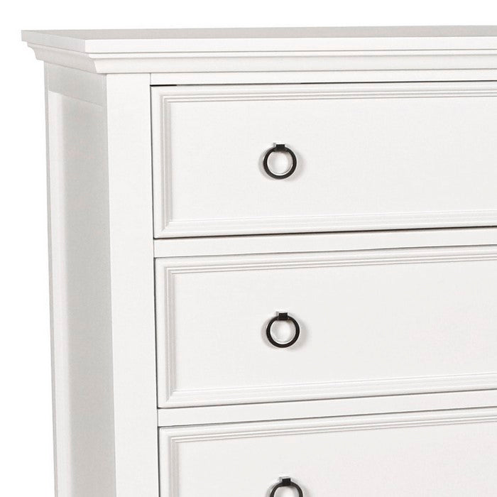 Transitional 5 Drawer Wood Chest with Molded Top and Ring Pulls, White