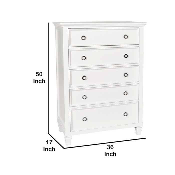 Transitional 5 Drawer Wood Chest with Molded Top and Ring Pulls, White