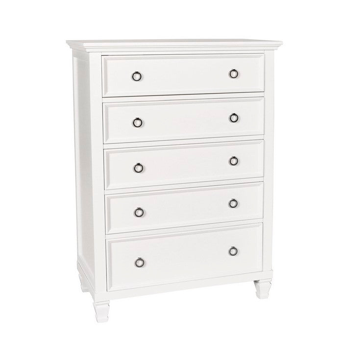 Transitional 5 Drawer Wood Chest with Molded Top and Ring Pulls, White