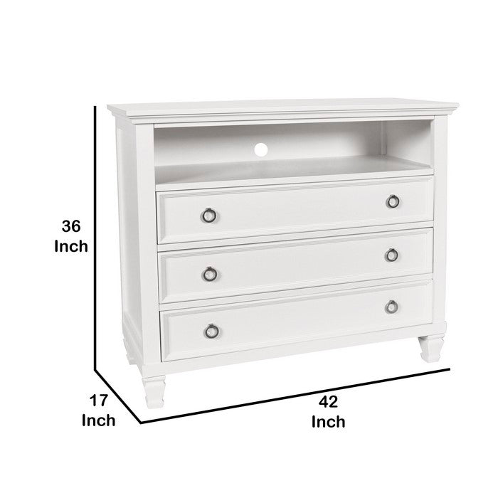 Transitional Style 3 Drawer Wood Media Chest with Open Compartment, White